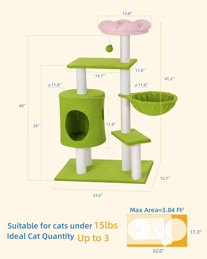 41.2'' Flower Cat Tree with 3 Scratching Posts, Small Cat Tower Cute for Indoor Girl Cat, Cozy Condo Cave Hammock Perch Bed for Kitten Pet, Green
