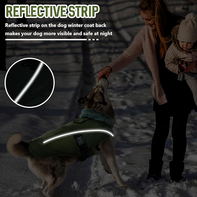 DENTRUN Winter Warm Dog Coat Reflective Jacket with Turtleneck for Cold Weather, Adjustable Buckle Windproof Water Repellent, Thick Snowsuit Fleece Vest for Small, Medium, Large Dogs, Green, XXL