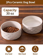 UBEE Ceramic Dog Bowl Set of 2, Dog Food Bowl Dish, Pet Food Water Dish Feeding for Small and Meidum Dogs and Large Cat, White, Paw Pattern, 6.1 in-Medium