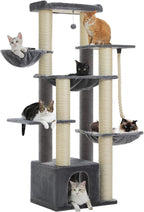 67" Heavy Duty Cat Tree for Indoor Cats Large Adult, XXL Cat Tower with 8 Thick Scratching Posts (φ4.3), Large Perch, Spacious Condo & Big Hammock - for Maine Coon up to 20 lbs, Grey