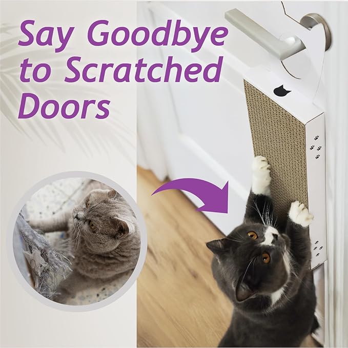 Necoichi Cardboard Hang & Scratch Doorknob Cat Scratcherfor Indoor Cats - Cat Scratching Board, Cat Scratch Pad Lounger with Reversible Usability and Extra Comfort for Wall (White)