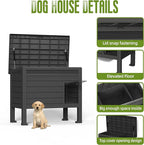 DRATO Indoor & Outdoor Resin Dog House with Raised Floor, Heated Pad and Easy Assembly - Small Breed Shelter Featuring Louvered Vents, Spiked Legs, and Sloped Roof,Black