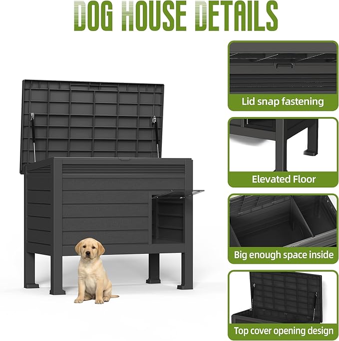 DRATO Indoor & Outdoor Resin Dog House with Raised Floor and Easy Assembly - Small Breed Shelter Featuring Louvered Vents, Spiked Legs, and Sloped Roof,Black