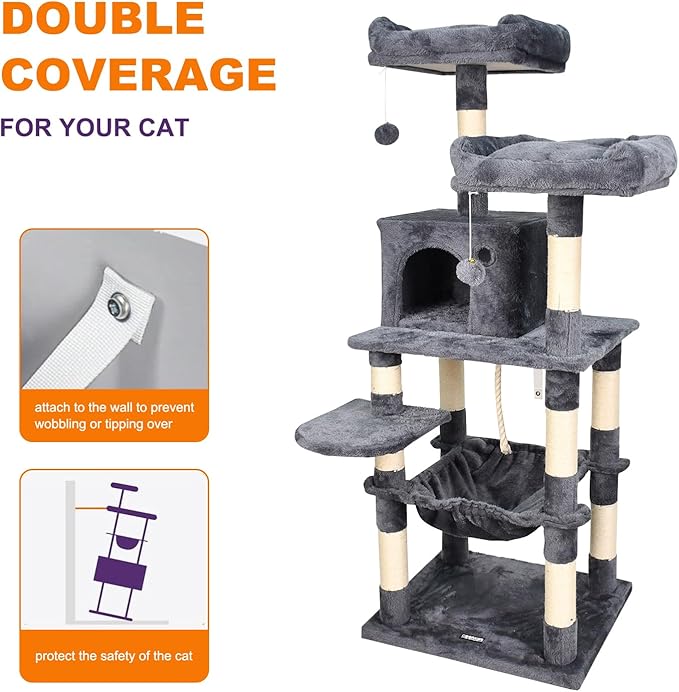 57-in Heavy-Duty Cat Tree for Large Cats, Multi-Level Tower with Sisal Scratching Posts, Plush Perch, Hammock & Condo Anti-Tip Design