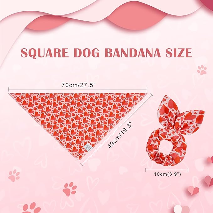 E-Clover Mother's Day Heart Dog Bandanas & Matching Scrunchie Set Cute Girl Dog Scarf Bibs Pet Bandana with Bow Tie for Medium Large Dogs Owner Mom Red Pink
