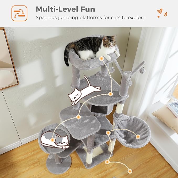 Large Cat Tree for Indoor Cats, 59" Tall Cat Tower with 3 Removable Pompom Sticks, Spacious Condo, Large Hammock and Scratching Posts, Sturdy Play House for Large Cats, Grey
