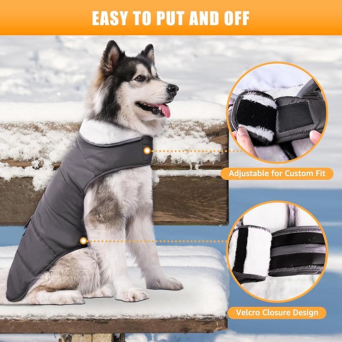 iBuddy Dog Winter Jacket for Extra Large Dogs, Easy on 3XL Dog Snow Coat Velcro Waterproof Pet Puffer Clothes with Harness Hole Adjustable Reflective Quilted Pet Cold Weather Vest for Boy Male