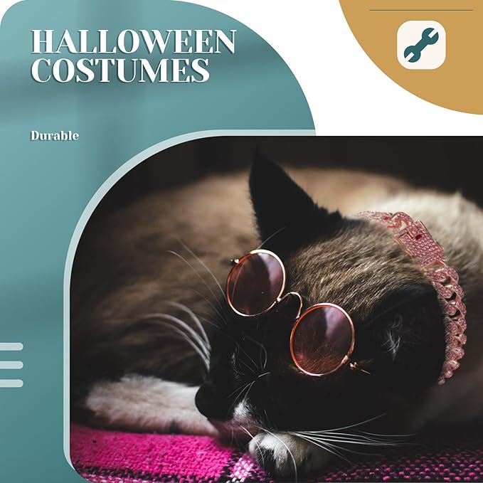 Xuniea 2 Pieces Cat Dog Chain Collar and Sunglasses Set Rhinestone Necklace with Secure Buckle Round Glasses for Doll Cat Dog Pet Accessories(12 Inch,Rose Gold, Pink)