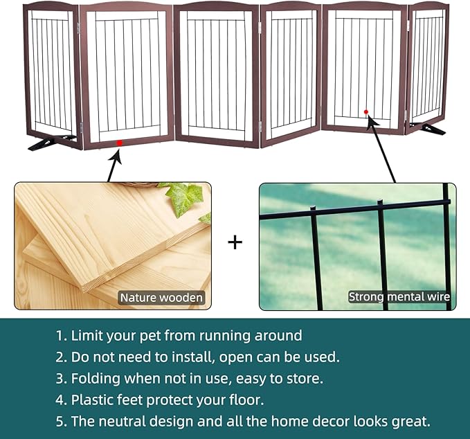 Dog Fence Indoor,Dog Gate Indoor for Doorway pet gate -6-Panel Freestanding, Hallways, House or Stairs -120x32-Inch Retractable Foldable Expandable Wood Pet by SFJC (Brown) ﻿
