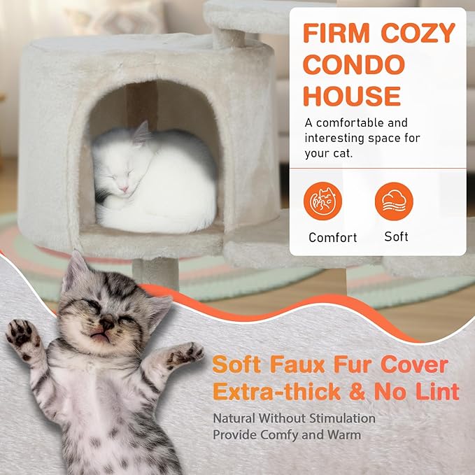 ‌Dopinmin 36" Winter Cat Tree - Plush Multi-Level Indoor Cat Tower with Sisal Scratching Posts & Ramp Plush Condo for Kittens,Beige