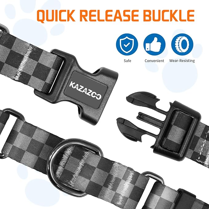 Kazazoo Martingale Collar for Dogs with Quick Release Buckle Adjustable Soft Durable Dog Collar for Small Medium Large No Pull Training Dog Collars-Black&Grey XL
