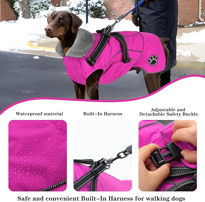Doglay Dog Coat with Harness, Reflective Warm Dog Jacket Waterproof Puppy Winter Coat for Cold Weather, Adjustable Fleece Jacket for Small Medium Large Dogs