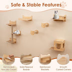 Tangkula Cat Wall Shelves, 6 Pieces Wooden Wall Mounted Kitten Furniture Set with Hammock, Food Water Bowl, 3-Step Cat Tree, Platforms, Scratching Posts & Hanging Toy, Cat Climber Steps (Natural)