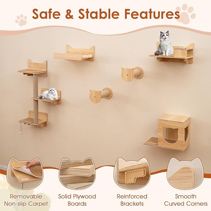 Tangkula Cat Wall Shelves, 6 Pieces Wooden Wall Mounted Kitten Furniture Set with Hammock, Food Water Bowl, 3-Step Cat Tree, Platforms, Scratching Posts & Hanging Toy, Cat Climber Steps (Natural)