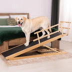 Dog Ramp for Bed with Safety Rails for High Beds up to 37" – Extra Wide 19.5" Adjustable Dog Bed Ramp for Large Dogs up to 200 lbs – Solid Birchwood, Non-Slip Rubber Surface, Foldable Design – Natural