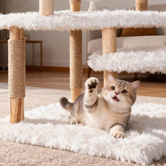 Modern Multi-Level Cat Tree Tower for Indoor Cats, 70" Tall Natural Solid Wooden Cat Tower with Sisal Scratching Post, Luxury Cat Furniture with Swing Hammock for Cat Households White