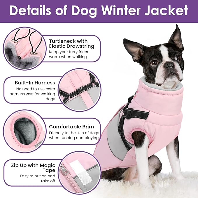SUNFURA Dog Jacket, Large Dog Coat with Harness Built in, Warm Pet Winter Jacket Zippered Snow Coat with Furry Collar, Waterproof Fleece Snowsuit for French Bulldog, Pink L