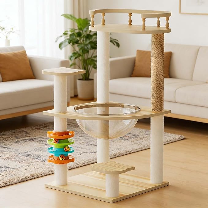 32.2”” Wood Cat Tower with Sisal Scratching Post, Modern Cat Tree with Acrylic Bowl, Cat Perch, Climbing Ladder & Ball Toy, Multi-Level Cat Activity Center (32.2 inch)
