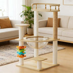 32.2”” Wood Cat Tower with Sisal Scratching Post, Modern Cat Tree with Acrylic Bowl, Cat Perch, Climbing Ladder & Ball Toy, Multi-Level Cat Activity Center (32.2 inch)
