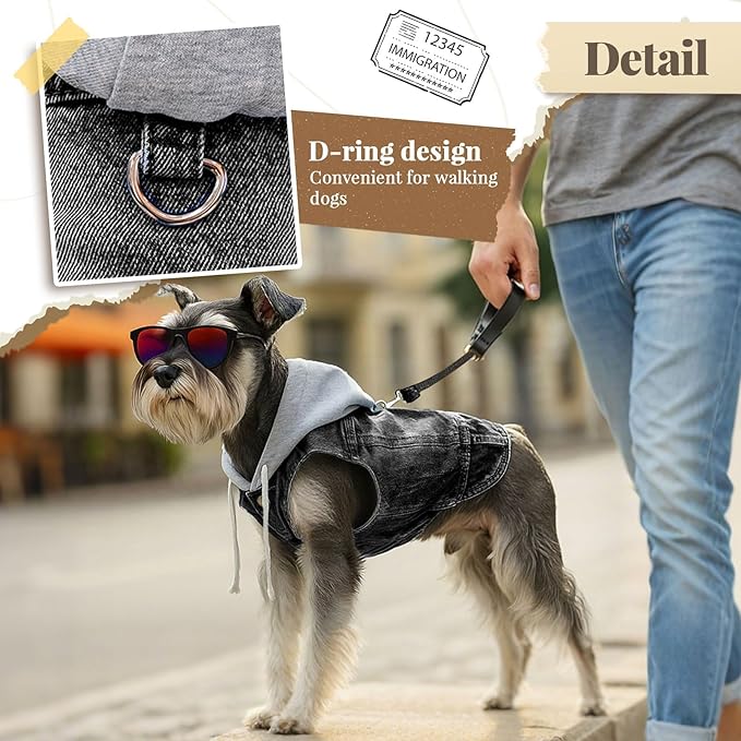Cool Dog Jean Jacket Vest with D-Ring Black Denim Dogs Hoodies Outfits for Small Medium Dogs Cats Boy Male Dog Clothes Costume Dogggie Puppy Harness Coat for Frenchie Walking(Grey Hat,S)