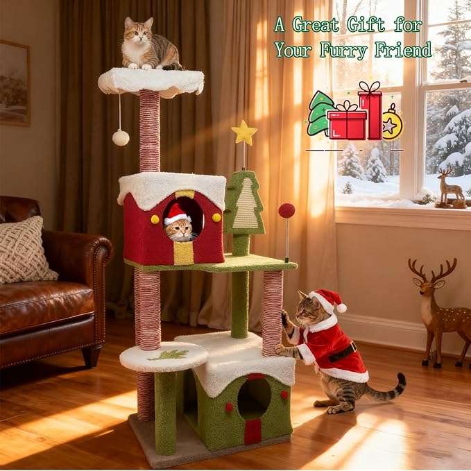 Cat Tree Tower with Cozy Condos, Multi-Level Green Cat Tower with Scratching Posts, Cat House Furniture with Snow Roof & Tree Design, Stable Cat Playground for Indoor Cats