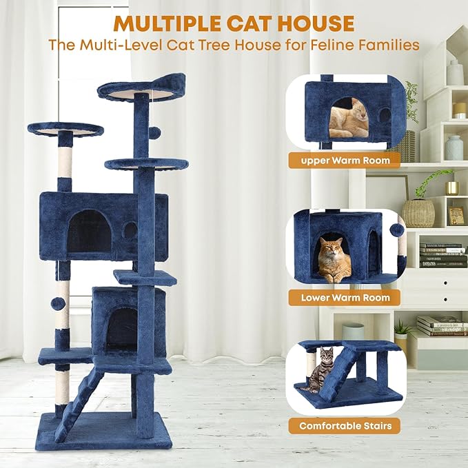 54in Cat Tree Tower for Indoor Cats, Cat Tower with Cat Scratching Post, Multi-Level Cat Furniture, Cat Tower with Funny Toys for Kittens-Navy Blue