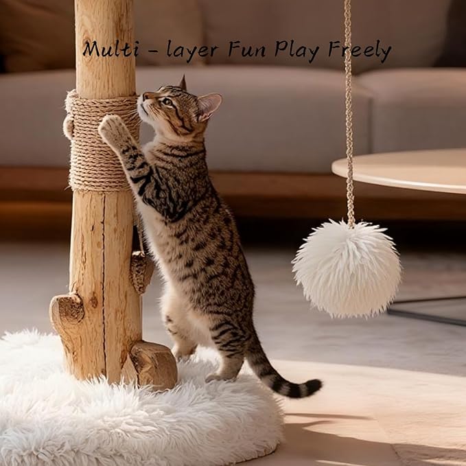 Modern Cat Tree Tower for Indoor Cats, Natural Solid Wooden Branch with Sisal Scratching Post, Log Style Cat Furniture with Perches Platform & Toy Ball for Multi-Cat Households