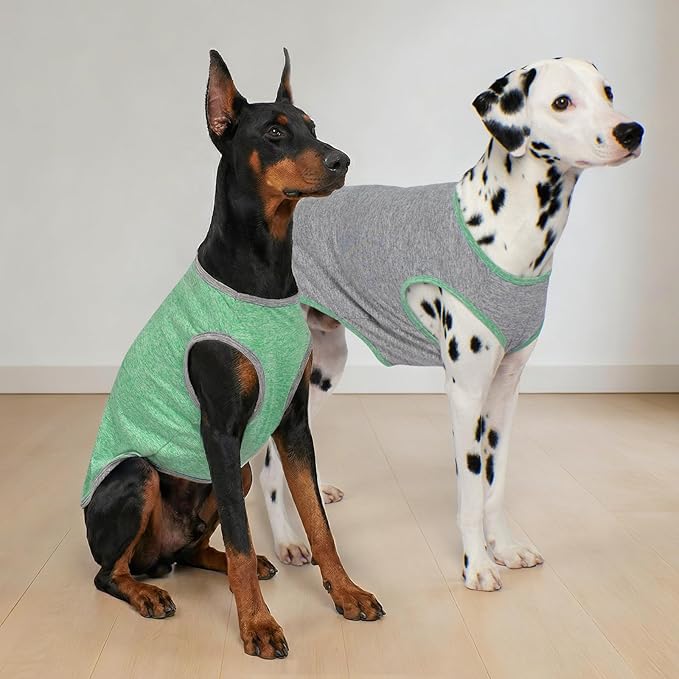 KYEESE 2Pack Dog Shirt, Lightweight Sun Protection Sleeveless Dog T Shirts for Medium Large Dogs Boy, Breathable Pet Reflective Tank Top Summer Dogs Clothes for Outdoor Walking, Grey+Dark Green, 2XL