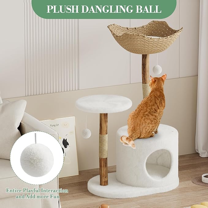 Modern Natural Wood Cat Tree, Stylish Solid Wooden Climbing Tower with Large Rattan Basket, Scratching Posts, Real Branch Design, White Luxury Perch for Rest and Play