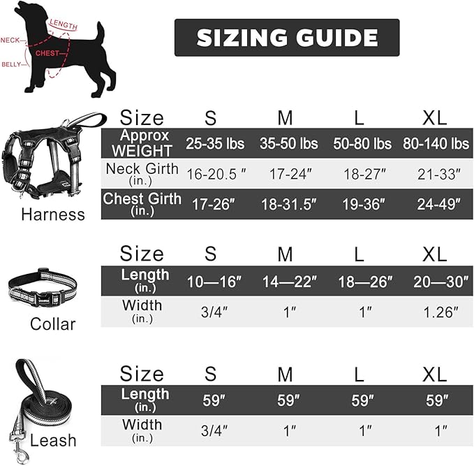 WINSEE Pet Harness Collar and Leash Set, All-in-one Reflective Dog Harness No Pull with Adjustable Buckles for Puppies, Small, Medium, Large, and Extra-Large Dogs (Medium, Black)