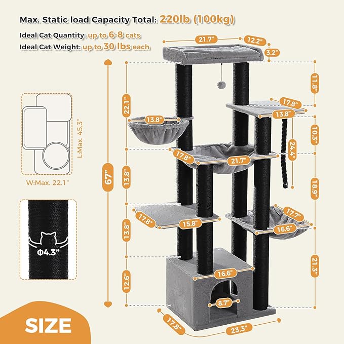 PETEPELA 67" XXL Cat Tree for Large Cats up to 25 lbs, Heavy Duty Cat Tower w/13 Extra-Thick Sisal Scratching Posts [φ4.3”], Cat Furniture with Metal Frame Hammock & XL Condo for Maine Coon, Black