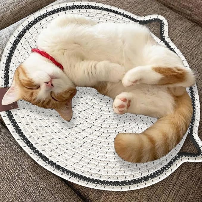 Personalized Cat Scratcher Mat, Customized with Name Text Natural Cotton Rope Round Horizontal Cat Scratching Pads with Ball Toy, Cat Furniture Protector for Wall, Couch, Carpets, Sofa (White)