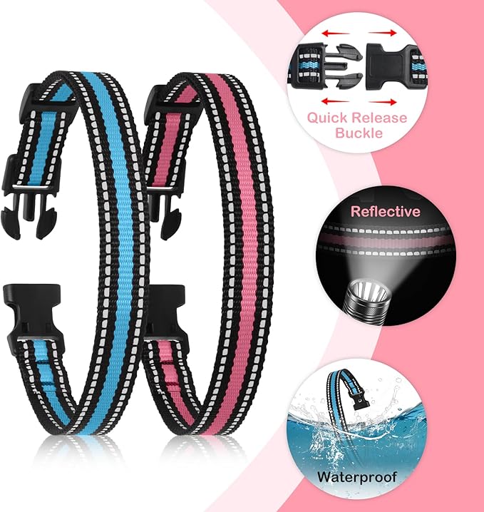 Collar Replacement Strap Compatible with Dog Training Collar Receiver/Dog Shock Collar Receiver/Dog Bark Collar, Reflective Dog Collars Strong, 2 Piece Set, Pink & Blue
