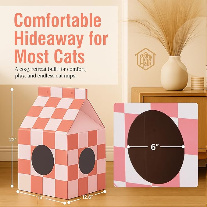 Cardboard Cat House with Scratch Pad – Durable, Eco-Friendly Hideaway, Easy Assembly, Stylish Cotton Candy Checkered Design, Indoor Pet Furniture, for Cat Lovers