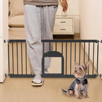 No Pawblems Dog Gate with Small Pet Door, 16"-42.7" Adjustable Metal Short Dog Gate to Step Over, 16.5" Tall, with 3 Extension Kits, Pressure Mounted, for Doorways & Stairs, Black