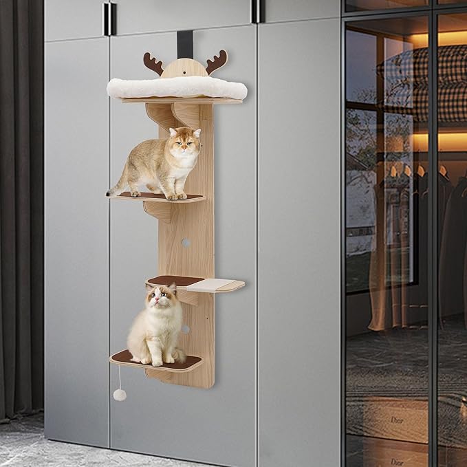 4-Tier Door Hanging Cat Tree, Wooden Door Mounted Vertical Cats Climbing Frame, Bearing Cat Climbing Rack with Cat Nest for Stair, Foyer, Living Room, Enclosed Balcony, Capacity Up to 44.09-55.12 lbs