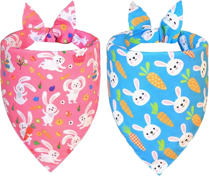 Easter Dog Bandanas 2-Pack for Large to X-Large Dogs - Reversible Bunny & Carrot Pastel Plaid Scarf, Pink & Blue Pet Accessories for Spring Gift