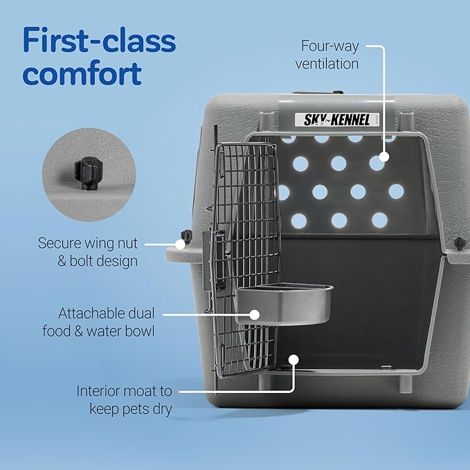 Petmate Sky Kennel For Air and Travel Airline Compliant Dog Crate for Smaller Dog Breeds or Pets up to 15 lbs, Heavy Duty Dog Kennel, Made in the USA- 21" L