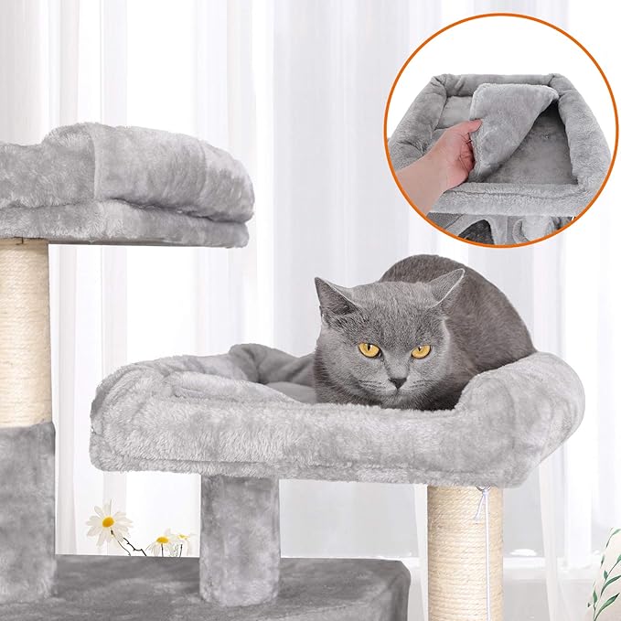 FEANDREA Large Cat Tree with 3 Cat Caves, 164 cm Cat Tower, Light Grey PCT98W
