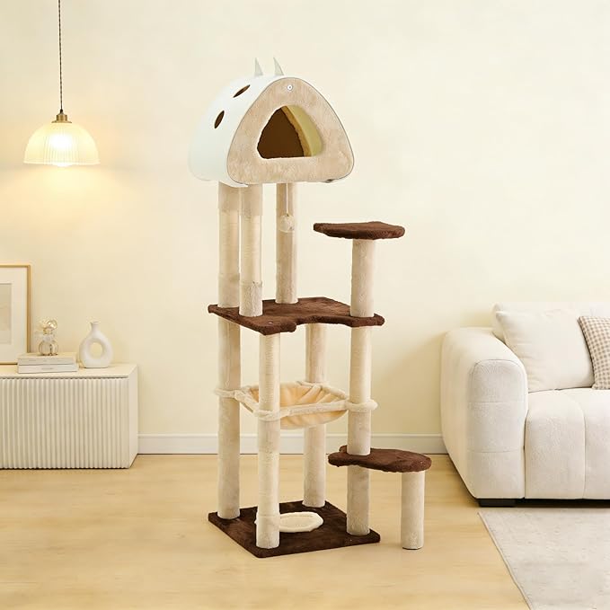 Cat Tree Tower, 56.3-Inch Multi-Level Cat Tree for Indoor Cats with Scratching Posts, Condos, Plush Perches, Hanging Cat Toy, Cute Cat Tree for Kittens & Adult Cats, Brown