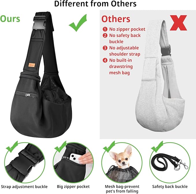 CUBY Dog and Cat Sling Carrier - Small Dog Carrier Sling with Adjust Strap & Zip Pocket, Hands Free Soft Dog Slings for Small Dogs Cats Puppy Pets Outdoor Travel Safety Purse Bag
