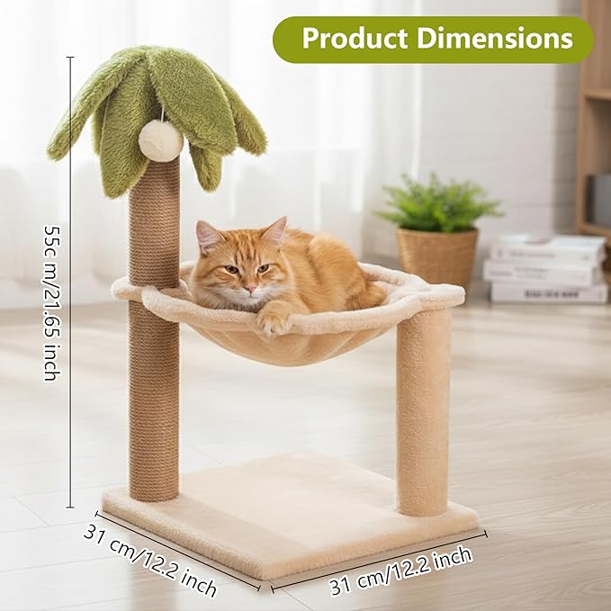 Simcat Kitten Tree with Plush Perch, Soft Hammock,and Paper Rope Scratching Posts, Stable Cat Stand，Durable Scratch Posts for Indoor Small Cats, 12.2 x 12.2 x 21.65 Inches, Beige
