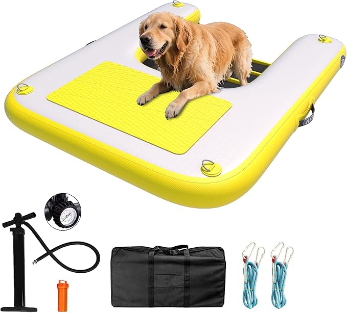 ALIFUN Inflatable Dog Ramp Floating Dock Water Raft Ladder for Pool, Boat, Non-Slip EVA Floating Ladder for Dog Up to 220 LBs Purple 140CM Length (Black-Yellow, for Large Dogs Up to 230 lbs)