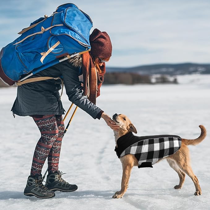 Kuoser Dog Winter Coat, Reversible Waterproof Dog Jacket with Reflective Strip, Warm Dogs Fleece Vest Adjustable Doggy Cold Weather Clothes Plaid Christmas Outfit Pet Apparel for Large Dogs, Black 2XL