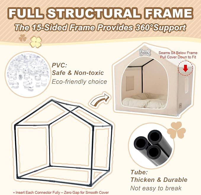 Jiupety Indoor Dog House with Frame, Cute Dog Tent Bed with Cover Cave, Breathable, Washable, and Foldable House, Suitable for 20-40 Lb, Large (25"×25"×25"), Beige