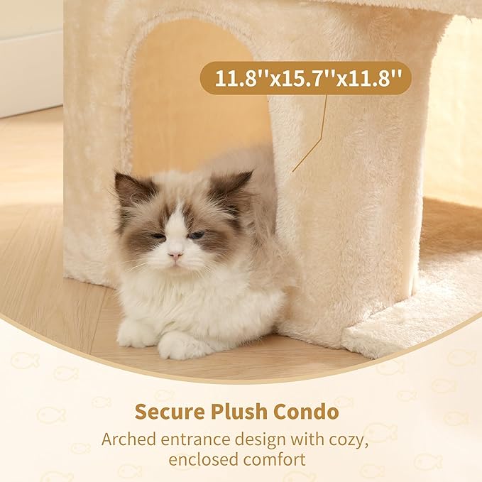 Heybly Cat Tree, 14 inch Cat Tower with Large Perch Bed and Cat Condo for Indoor Cats Large Adult, Cat House with Scratching Posts and Interactive Spring Balls for Your Kittens, Beige HCT203SM