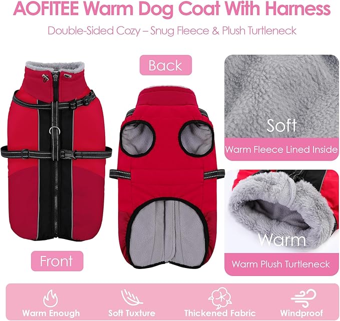 AOFITEE Dog Coat, Warm Dog Jacket with Harness Built-in, Waterproof Medium Dogs Cold Weather Coat with Zipper, Reflective Fleece Lined Pet Snow Jackets for Pug, Jack Russell, Boston Terrier, Red M