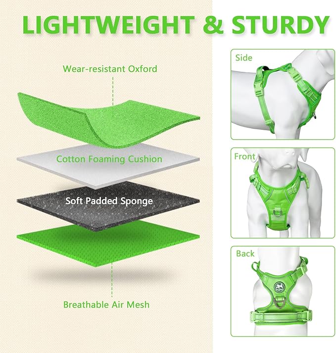 PoyPet No Pull Dog Harness, No Choke Reflective Dog Vest, Adjustable Pet Harnesses with 2 Leash Attachments with Easy Control Padded Handle for Small Medium Large Dogs(Green Matching Trim,M)