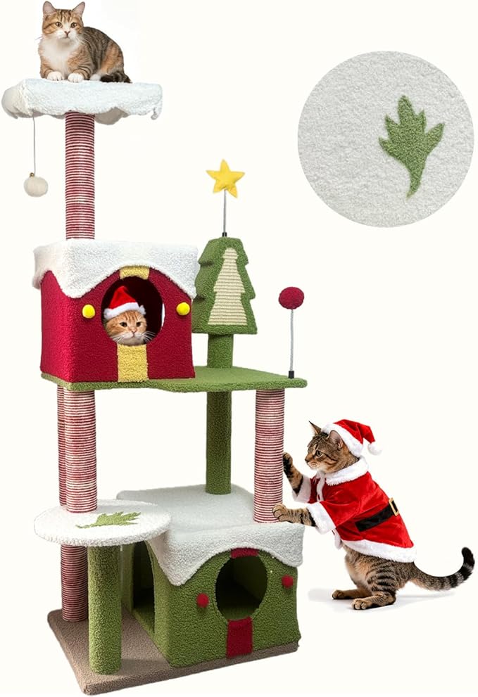 Cat Tree Tower with Cozy Condos, Multi-Level Green Cat Tower with Scratching Posts, Cat House Furniture with Snow Roof & Tree Design, Stable Cat Playground for Indoor Cats