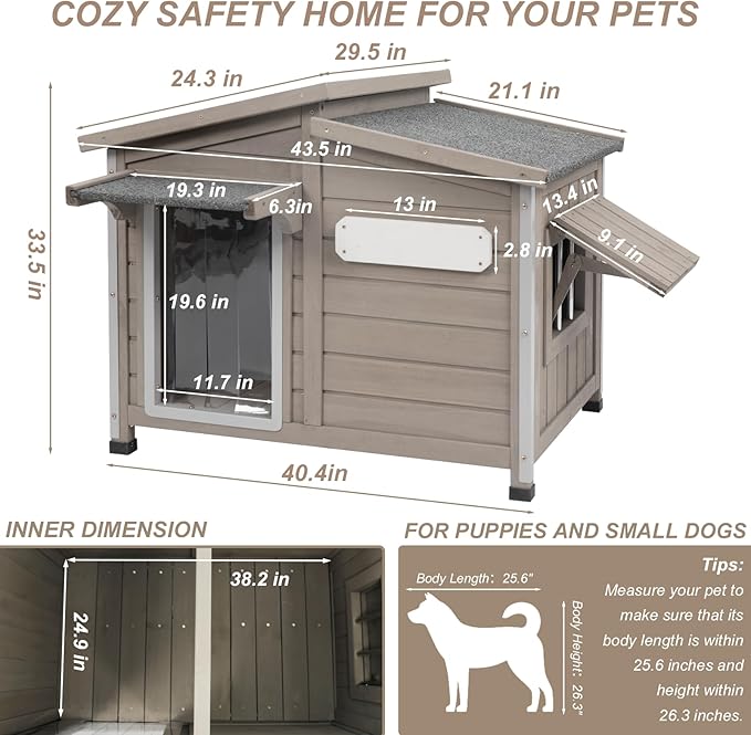 PetsCosset Dog House Outdoor Weatherproof, Anti-Chewing Iron Frame Dog Kennel Outside, Wooden Outside Shelter Pet House for Small, Medium, and Large Dogs with Elevated Floor (Grey, 44" L*30" W*34" H)